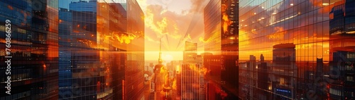 A 3D double exposure of a cityscape at sunset, with a vibrant orange sky and a reflection on the glass buildings.