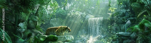 A 3D double exposure of a jungle, with a tiger and a waterfall. photo