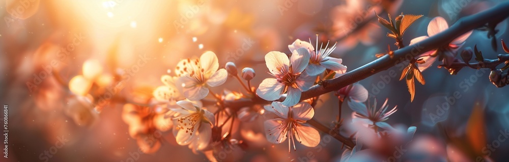 spring has come, beautiful blooming flowers in the early morning sun spring has come, beautiful blooming flowers in the early morning sun