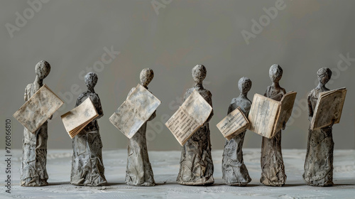 A mesmerizing scene of a group of sculptures gracefully holding books in their hands, symbolizing the preservation and celebration of knowledge and wisdom. Banner. Copy space