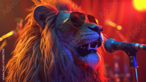 Lion in sunglasses sings into a microphone on stage in the dark