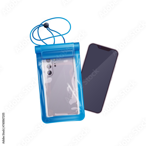 Waterproof phone case. Realistic smartphone waterproofing cover for underwater photo shoot in sea vacations, rugged tough water protection isolated phone case 3d vector illustration