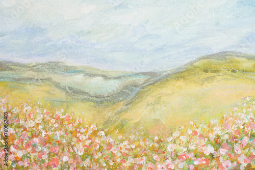 Art oil and Acrylic smear flower landscape blot hand drawn painting. Abstract texture color stain brushstroke background.