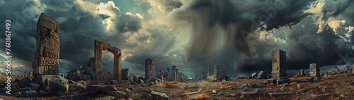 An ancient ruins landscape with crumbling stone structures against a dramatic sky filled with storm clouds.