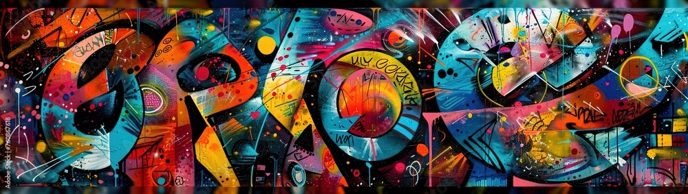An urban street art display highlighting a colorful graffiti-style painting banner. An urban street art display highlighting a colorful graffiti-style painting banner.
