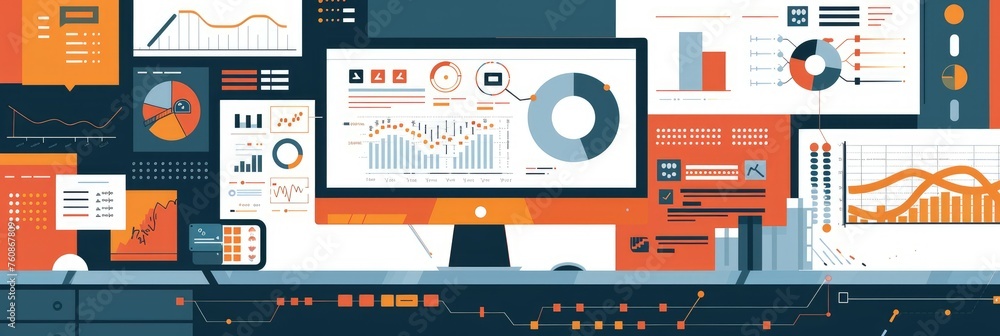 Desktop with analytics and data visualization display - A neatly ...