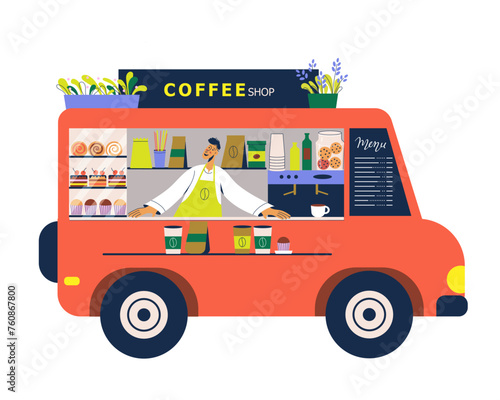 Coffee shop food truck. Street cafeteria van on wheels with barista. Small business.