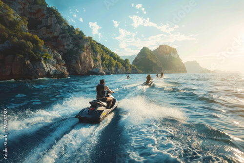 Exhilarating Jet Ski Adventure in Turquoise Waters near Rocky Cliffs at Sunset © KirKam
