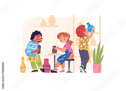 Children pottery. Kid clay sculpting handcraft workshop, kids making ceramic pot paint art work activity, child boy girl potter craft sculpture in class classy vector illustration