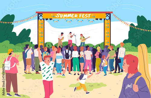 Open air concert. Outside music festival, rock band scene crowd people audience in street forest park, musician performer on stage outdoor public party, classy vector illustration