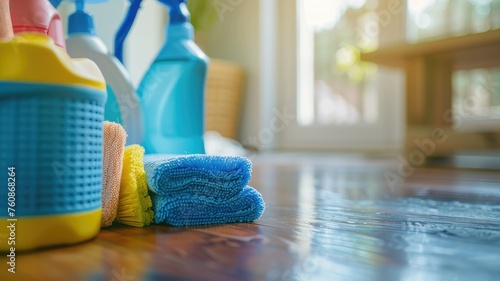 Cleaning supplies arranged on wooden floor - Household cleaning products and tools ready for use on a shiny wooden floor in well-lit room photo