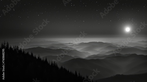 Monochrome mountainscape with moon and stars - A majestic monochrome landscape of layered mountains under a starlit sky with a glowing moon above