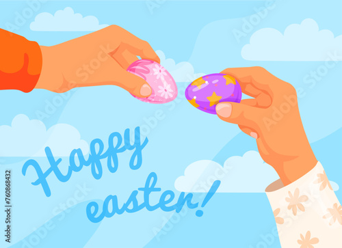 Hands knocking eggs. Family game easter orthodox tradition, friend hand knock break boiled decorated egg shell game, religion spring holiday celebration neat vector illustration