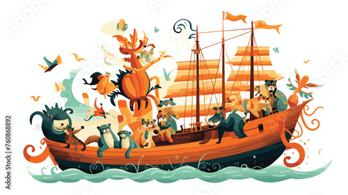 A whimsical scene of animals riding on a pirate shi