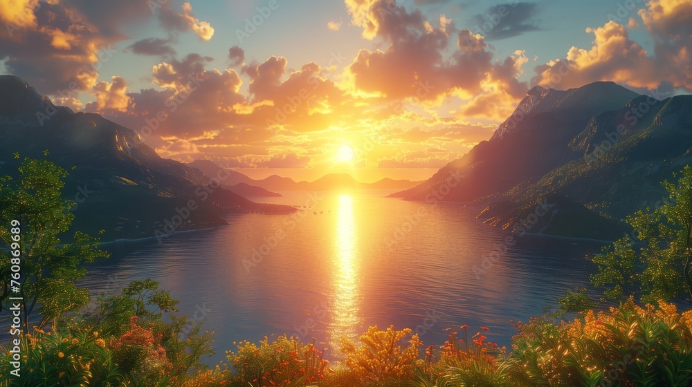 Scenic Sunset View Over Vast Calm Lake and Mountains