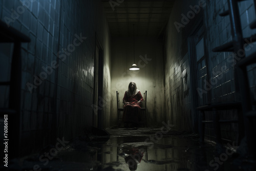 Mysterious Silhouette of a Person Sitting Alone Under a Single Light in a Dark, Creepy Corridor