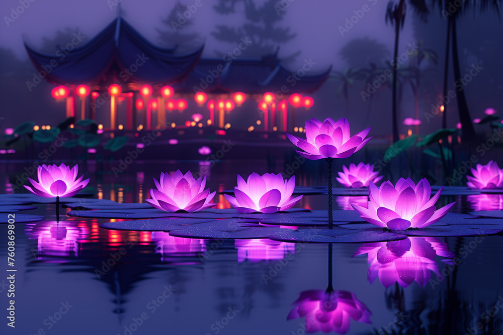 Glowing Pink Lotus Flower Lights Floating in a Pond in a Zen Garden at Night