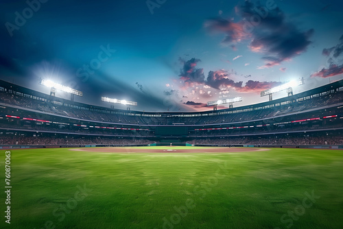Baseball Stadium at Sunset Clouds Pink Sky Green Grass Low Angle