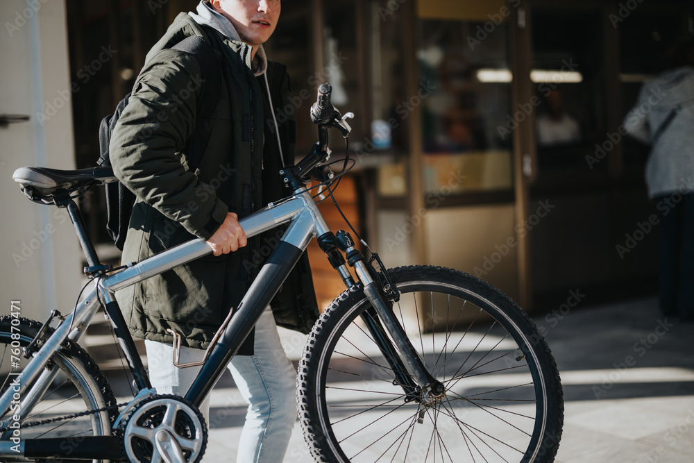 A modern urban male commuter holding a bicycle on a sunny city street, ready for an eco-friendly ride