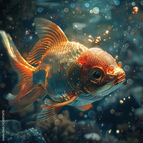 Golden shiny fish, close-up, in a dark pond, spotlight effect © Katawut