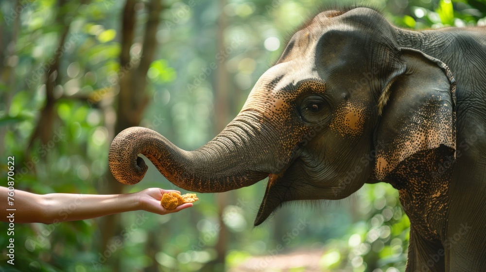 Fototapeta premium Jungle safari with hands holding out a treat to an elephant in the wild