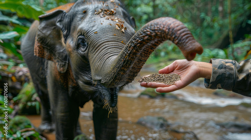 Jungle safari with hands holding out a treat to an elephant in the wild © imagemir