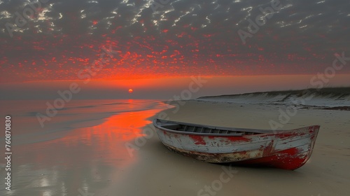 Serene Sunrise with Lone Paddleboard on Peaceful Beach