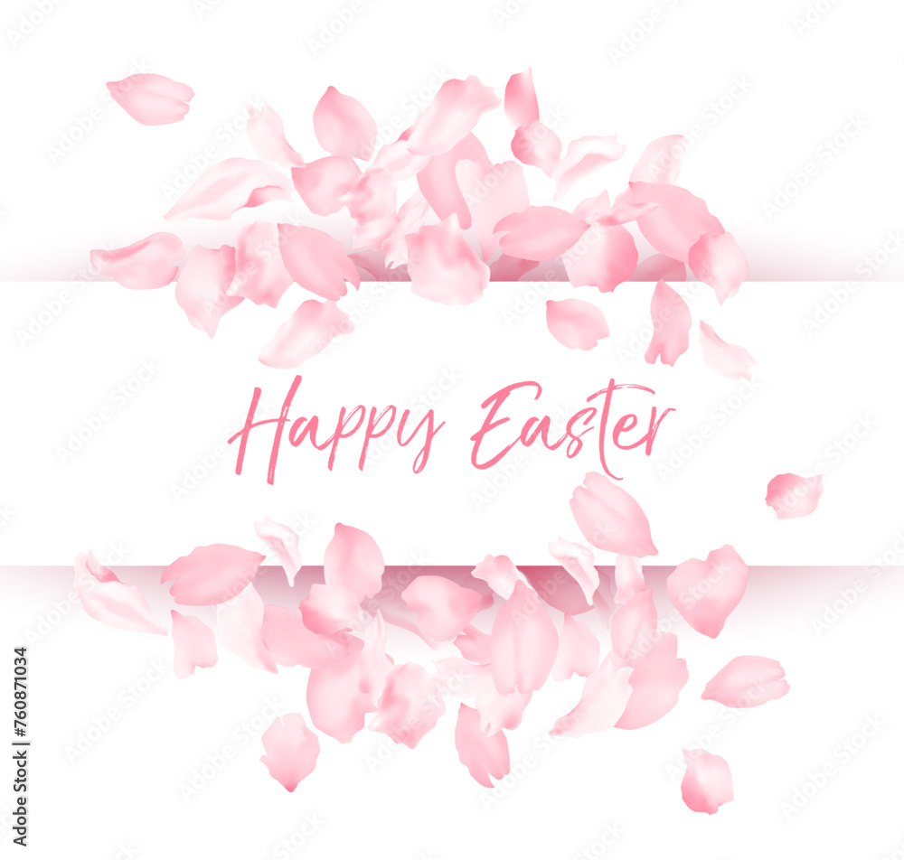 Happy Easter text in frame of flower petal falling confetti background. White border.