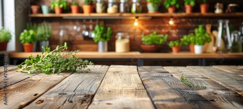 Empty wooden table on blurred kitchen counter background for elegant interior design