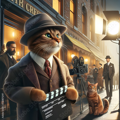 This cute director cat, created using artificial intelligence, poses next to the camera wearing a stylish fedora hat and a suit. 