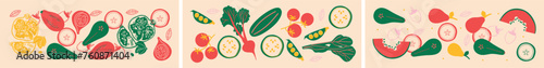 Vegetables and fruits collection. Vector flat illustration. Fruits, vegetables, berries banner