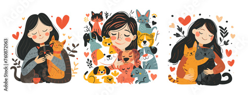 Girl love pets cartoon vector concepts. Woman character hugging dogs cats animals together, care relationship heart symbol illustration isolated on white background