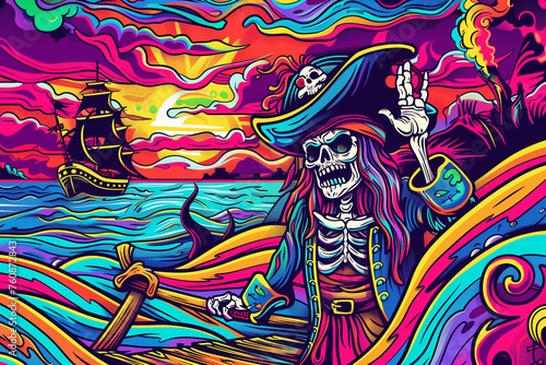 A psychedelic skeleton Pirate. Generative AI