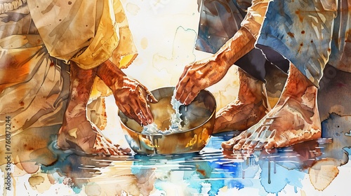 Jesus is washing of the feet, maundy holy thursday, Watercolor Biblical Illustration, copy space, 16:9