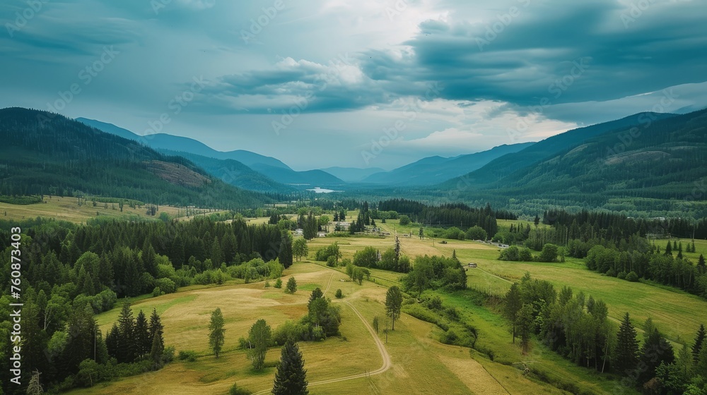 Bucolic Valley Landscape With Verdant Hills And Dramatic Clouds: Rural Beauty, Picturesque Countryside, Scenic Vistas, Dramatic Sky