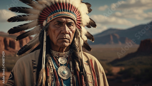 Portrait of a senior native american indian chief wearing feather hat in the wild west american desert 