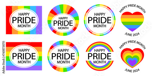 Happy pride month. Set of rainbow icons. Love is love, rainbow flag, lgbt pride. June 2024. Heart-shaped and round logos. Human rights and tolerance