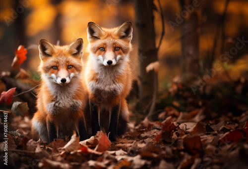 couple de renard roux dans la forêt côte à côte face à l'objectif dans les feuilles automnales. Fond avec forêt floutée espace négatif copyspace