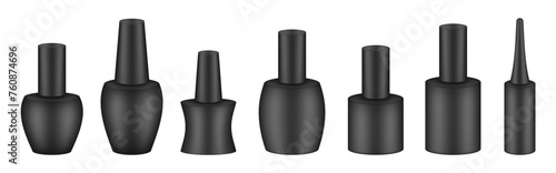 UV gel nail polish bottles. Set of black bottles. Nail laquer or uv gel. Realistic packaging mockup. Manicure kit