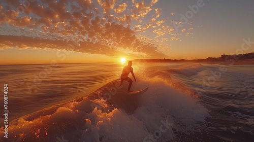 Silhouetted Surfer Riding a Wave at Sunrise on the Coast