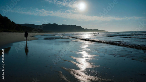 A Lone Walker Reflects Amidst the Serene Beauty of a Sunlit Beach