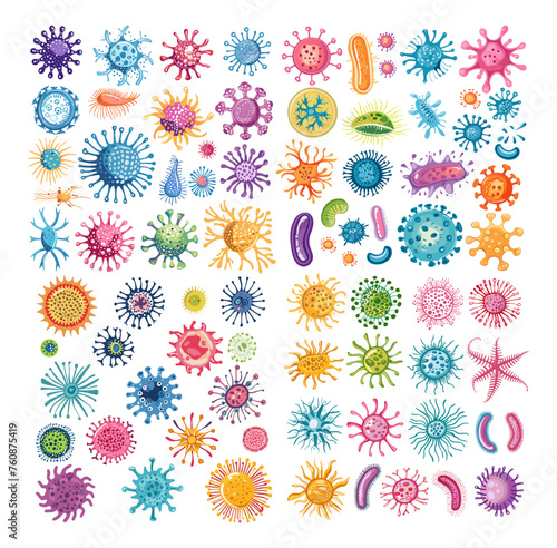 Microorganisms cartoon vector set. Cell bacteria viruses micro world living bio molecules life forms illustrations isolated on white background