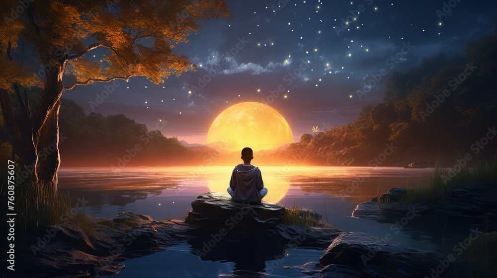 Silhouette of a young boy meditating at night at the lakeshore, sitting near water in a magical landscape filled with stars, golden light and sparkles, watching the moon rise. Spiritual practice. - obrazy, fototapety, plakaty 