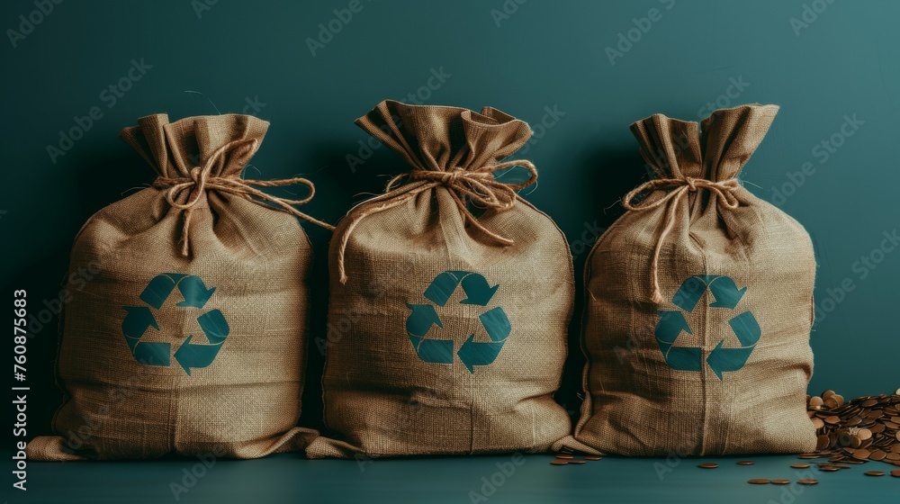 Obraz premium Eco friendly plastic bags with recycling symbol for sustainable shopping and practices