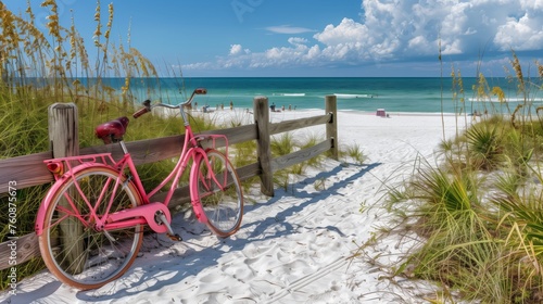 Vintage Pink Bicycle by Sunny Beach with Ocean View