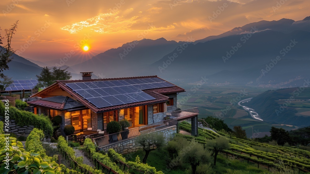 Solar panels installed on the roof of a modern house