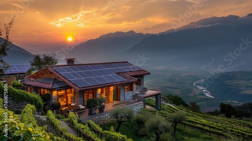 Solar panels installed on the roof of a modern house
