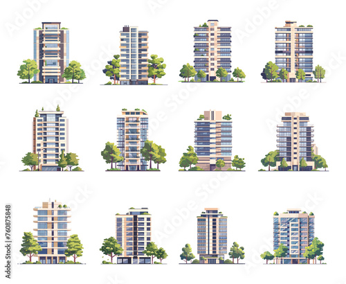 Multistorey buildings cartoon vector set. Modern housing architecture trees eco residential environment illustrations isolated on white background