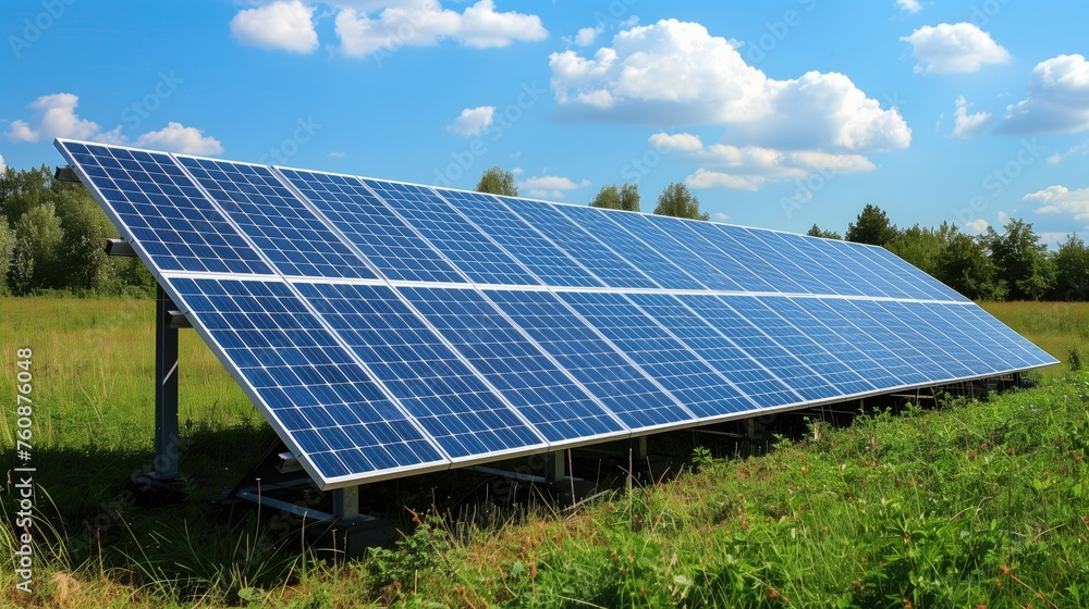 Solar panels with blue sky and sun. Photovoltaic modules for renewable electric production.