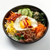 A black bowl of Bibimbap Korean Spicy mixed rice with lots of assorted vegetables, marinated beef, a fried egg in center, and an incredible spicy Bibimbap sauce, 3. 45°angle, generated with AI